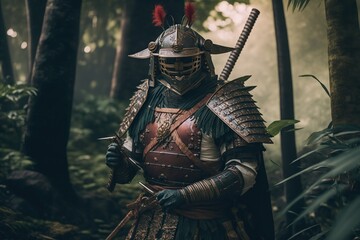 samurai fighter in Japanese armor and a Hidden face , holding a sword,jungle in the background ,Generative ai