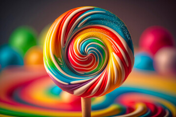 Fototapeta na wymiar Colorful rainbow lollipop swirl on wooden stick. Generative AI