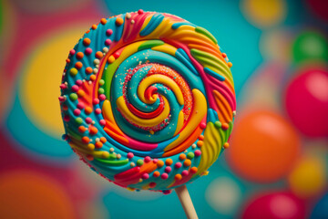 Fototapeta na wymiar Close up of colorful, handmade swirl lollipop. Generative AI
