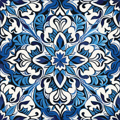 Retro Azulejo Mosaic Tile, Vintage Portuguese Wall Ceramic Seamless Pattern, Old Blue Tiles Background