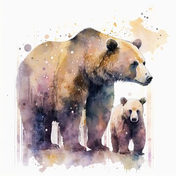 drawing of a bear and a bear cub light background paint watercolor Generative AI