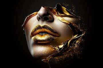détail sur des lèvres de femmes recouverte d'or - fond noir - illustration ia
