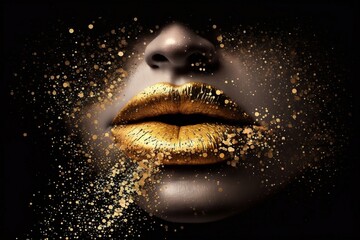détail sur des lèvres de femmes recouverte d'or - fond noir - illustration ia - obrazy, fototapety, plakaty