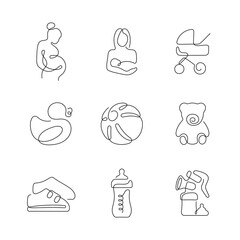 Maternity and baby goods artistic style continuous line icons. Editable stroke.