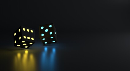 dice being thrown on a dark background with numbers lit in neow (3d illustration)