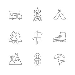 Camping and hiking artistic style continuous line icons. Editable stroke.
