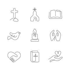 Christianity artistic style continuous line icons. Editable stroke.