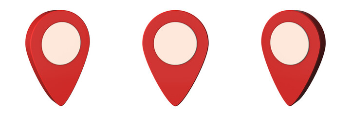 map pin, pointer, transparent background, left, front and right view (3d render)