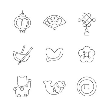 Chinese traditional symbols artistic style continuous line icons. Editable stroke.