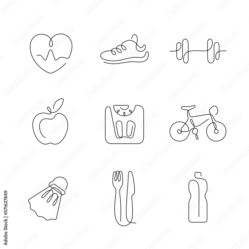 Wall mural Fitness and healthy lifestyle artistic continuous line icons. Editable stroke.