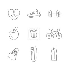 Fitness and healthy lifestyle artistic continuous line icons. Editable stroke.