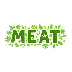 Plant-based meat food lettering. Word with leaves around. Vegetarian and vegan food Vegetables and cereals protein alternative. Sustainable, climate-friendly, ethical, responsible eating concept.