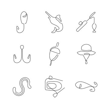 Fishing artistic style continuous line icons. Editable stroke.