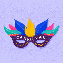 Happy Carnival. Mask with colorful feathers. Carnival party banner. Vector illustration, flat design