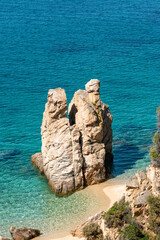 Aeral view of phenomenal rocks on coastline of turquoise blue sea. Greece, Halkidiki, Athos...