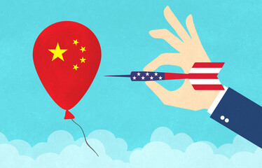 Chinese Spy balloon in the sky flying over united states concept, American military shot down a surveillance balloon. China spy program. Political issues.