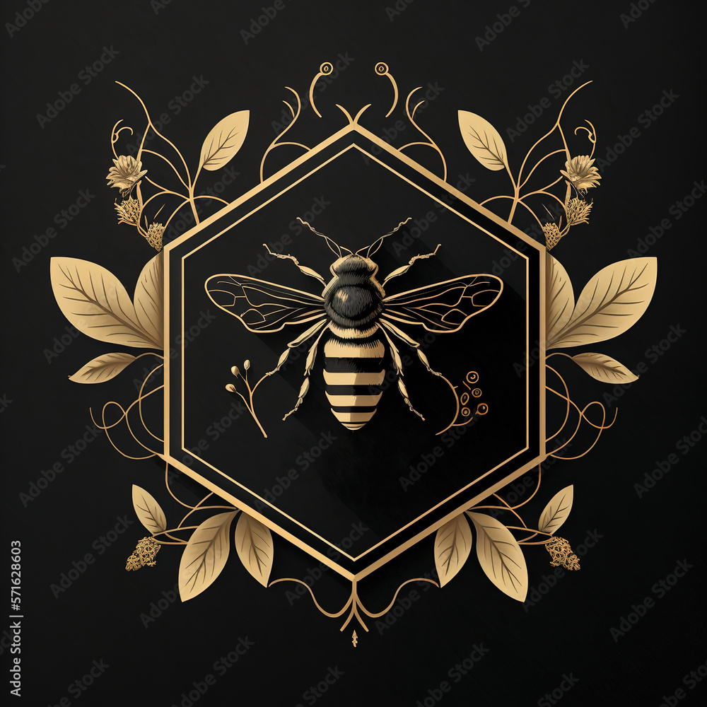 Wall mural illustration of a black and gold honeybee emblem with a hexagon on a black background