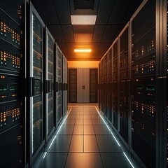 Corridor in a functioning data center full of rack servers and supercomputers with high Internet connectivity, generative ai