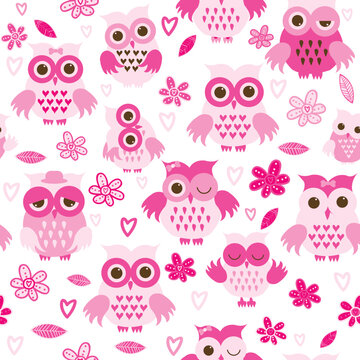 Pink owls seamless pattern for baby girls