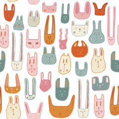 Color cute muzzles of cats, mice, rabbits. Seamless pattern with little animals. Cute baby pattern with fluffies. Vector illustration.