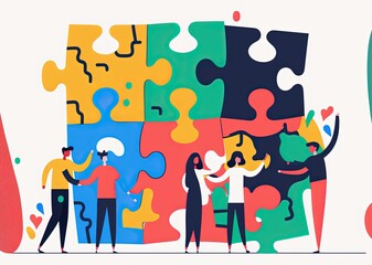 group of people holding puzzle symbolizing problem-solving and collaboration made with generative ai, vector style, flat, illustration, cartoon, line