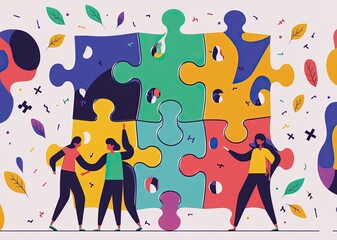 group of people together to build a puzzle, problem-solving and collaboration made with generative ai, vector style, flat, illustration, cartoon, line