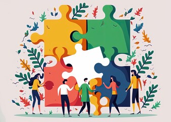 people working together to build a puzzle, theme of problem-solving and collaboration made with generative ai, vector style, flat, illustration, cartoon, line