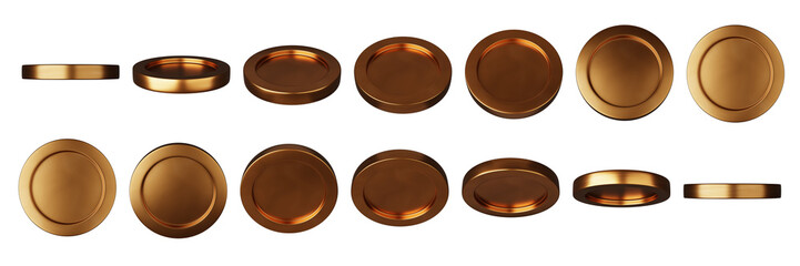 3D bronze flying coin set, realistic game UI casino money icon, render animation metal medal side. Gambling bet finance winner illustration golden cash reward sign. Bronze coin premium jackpot clipart