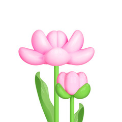 3d flower spring icon. Pink abstract plastic flowers bouquet isolated background. Cartoon vector illustration