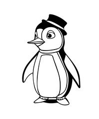 Penguin in cartoon black and white style for coloring. Vector illustration