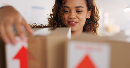 Inventory, boxes and shelf woman search for business delivery stock with supply chain management,...