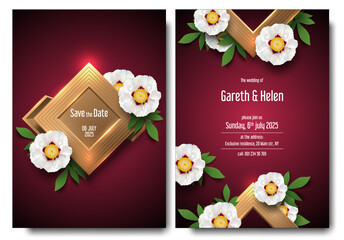 Floral wedding invitation card template design, white peony flower with leaves and gold rhomb luxury logo frame. Rhombus golden frame, flower, green leaf on magenta background. Wedding invitation