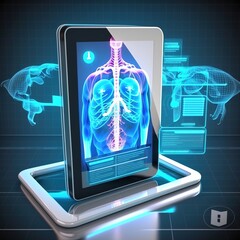 Medicine doctor working medical record on tablet. Digital healthcare and network connection on hologram virtual interface, Science and innovative, Medical technology, generative ai