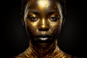visage de femme façon portrait de mode, recouvert de feuilles d'or sur fond noir - illustration IA