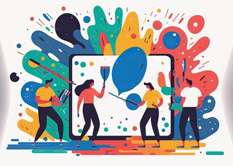 men and women to paint a picture, symbolizing creativity and teamwork made with generative ai, vector style, flat, illustration, cartoon, line