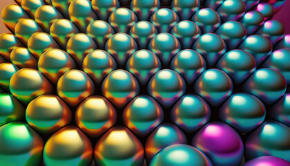 Futuristic metallic spheres, retro futuristic style, Holographic balls in interor, colorful abstract background, spheres composition, Generative AI