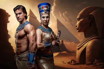 Artwork of glamour female pharaoh dressed in luxurious attire and topless egyptian man. - obrazy, fototapety, plakaty