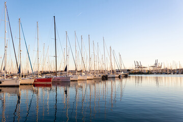 Fototapeta na wymiar Sailing boats docked in the Valencia Marina. Valencia - Spain
