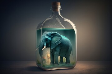 Elephant inside a glass jar / bottle, rendering, AI - obrazy, fototapety, plakaty