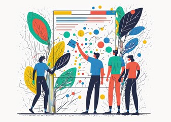 group of people working together to reach a common goal on a board made with generative ai, vector style, flat, illustration, cartoon, line