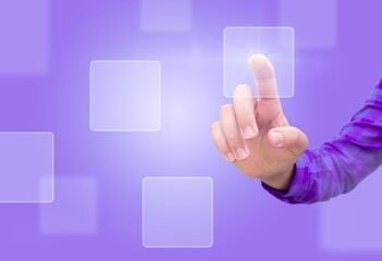 A female hand presses a holographic button