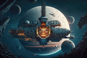 Colony of amazing space station and futuristic spacecraft. Generative AI