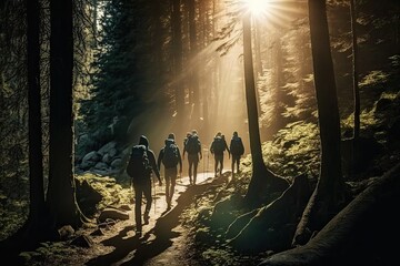 Fototapeta na wymiar Hikers group on a trail through a forest (Ai generated)