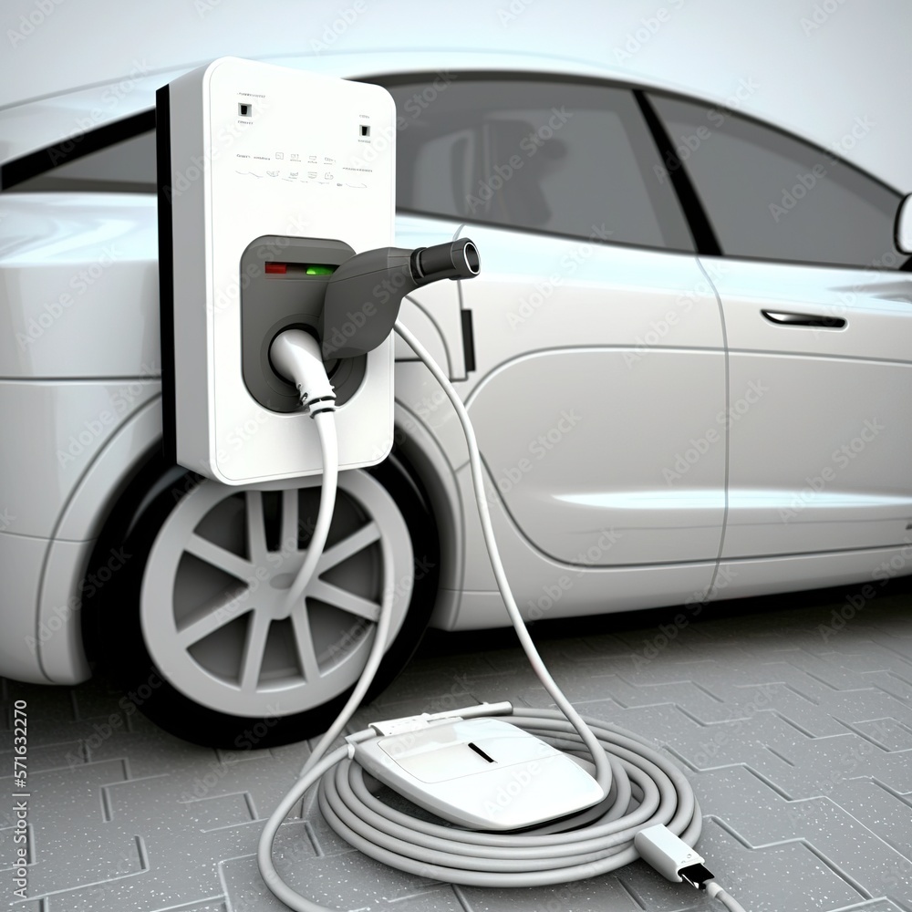 Poster Electric vehicle plugged-in with cable from charging point powered for progressive concept by alternative clean energy rechargeable EV car at home charging station, generative ai