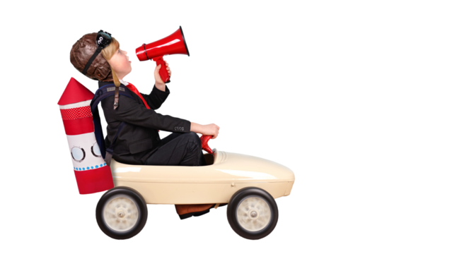 Business, mit Tretauto und Rakete, transparenter Hintergrund