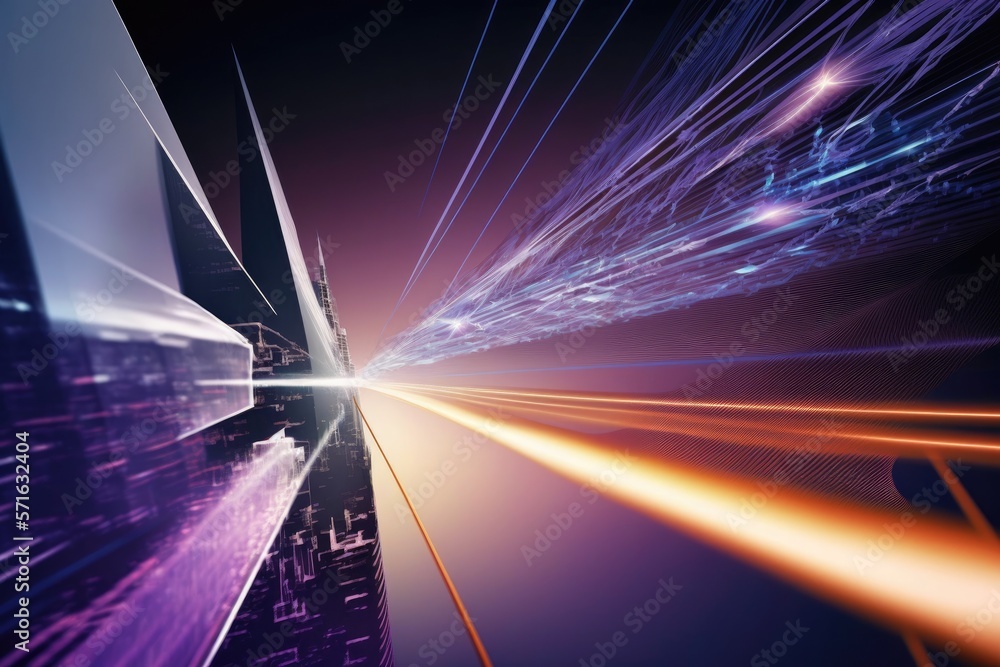 Poster laser fibers dynamic soaring against a technological backdrop. generative ai