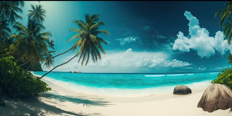 Fototapeta na wymiar Wide panorama background concept of a tropical paradise beach with white sand and coco palms for travel and tourism. Generative AI