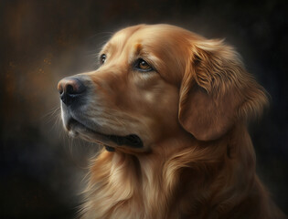 Golden Retriever dog sitting with studio background, portrait setting.