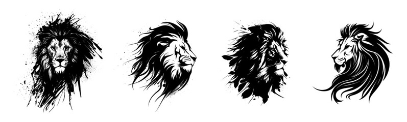 Vector set of lion head logo. Black and white style. The lion is the king of beasts. Ideal for postcard, book, poster, banner. Set icons. Vector illustration - obrazy, fototapety, plakaty