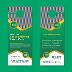 lawn care and gardening, lawn trimming, door hanger template, Or lawn mower and landscaping door hanger template vector layout